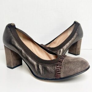 •ANYI LU• Brown Suede Round Toe Ruffle Detail Block Heel‎ Pump Size EU 38.5 US 8